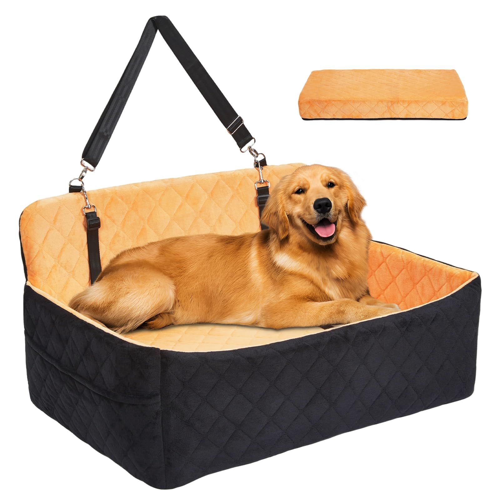 Garvee Asiento grande de coche para perro, cama de espuma viscoelástica de 80 x 50 cm con 2 correas de seguridad, funda lavable desmontable y bolsillos de almacenamiento, asiento elevador para