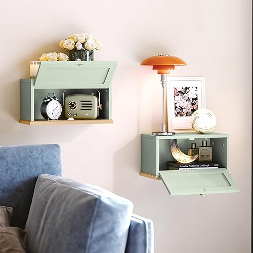 Miniatura 4 de HLR Mesita de noche flotante, pequeña mesita de noche con puerta de solapa, mesita de noche flotante montada en la pared para dormitorios, verde