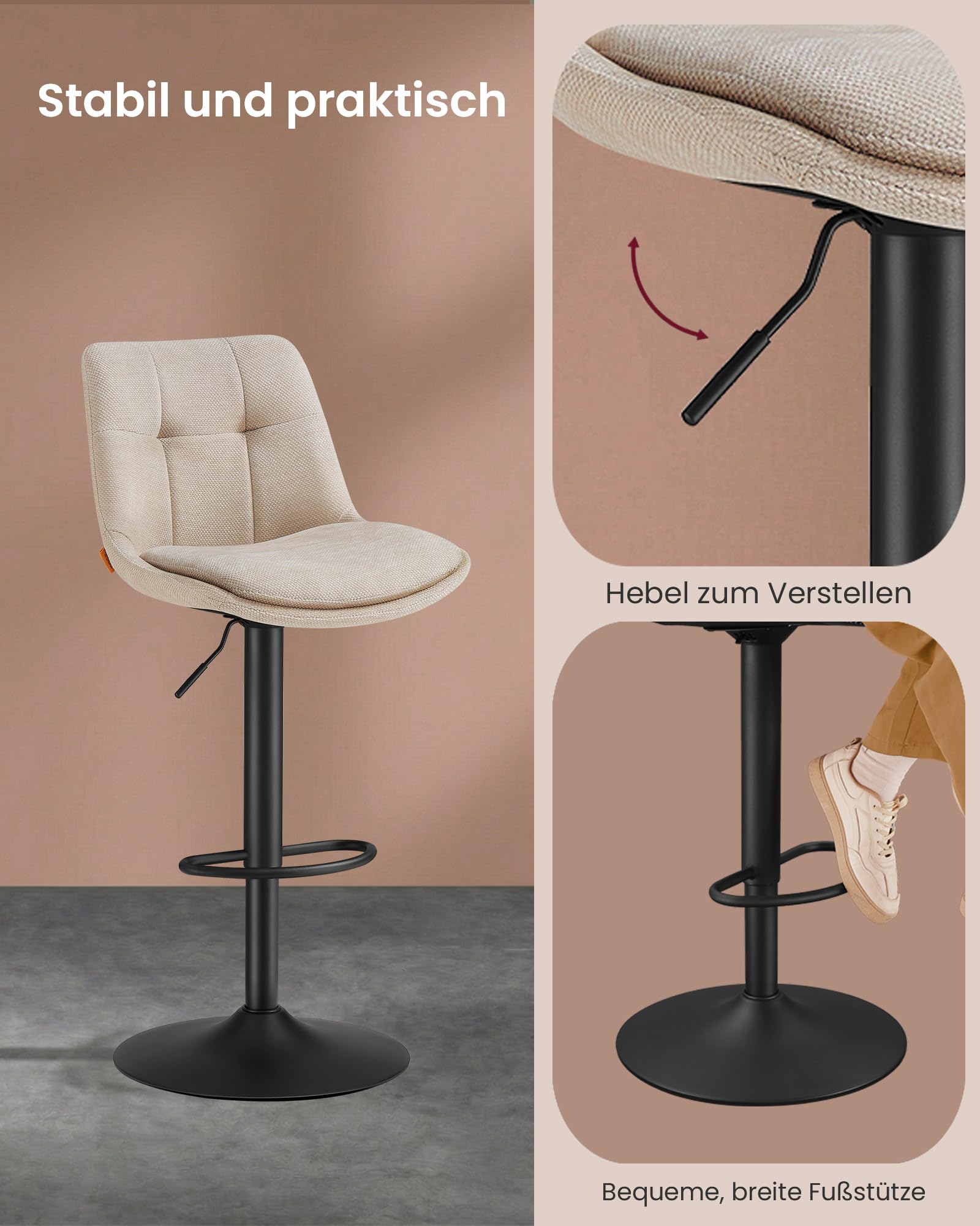 VASAGLE Barhocker 2er Set, Barstühle höhenverstellbar, drehbare Küchenhocker, mit Rückenlehne und Fußstütze, Esszimmer, Theke, Stahl, cremeweiß LJB195W02