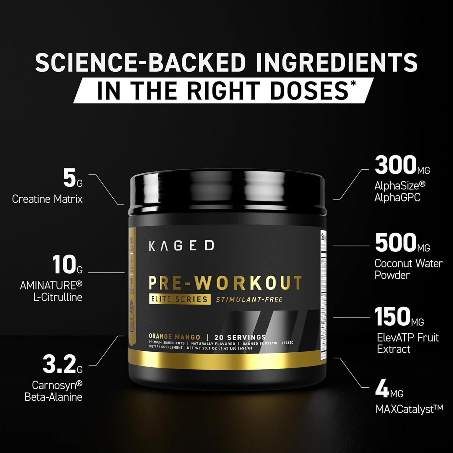 Kaged Pre Workout Elite Stim Free Powder | Orange Mango | Pre-Workout with Creatine, Beta Alanine, L-Citrulline, BCAAs | Caffeine Free | Pre Supplements for Men & Women | 20 Servings - Image 2