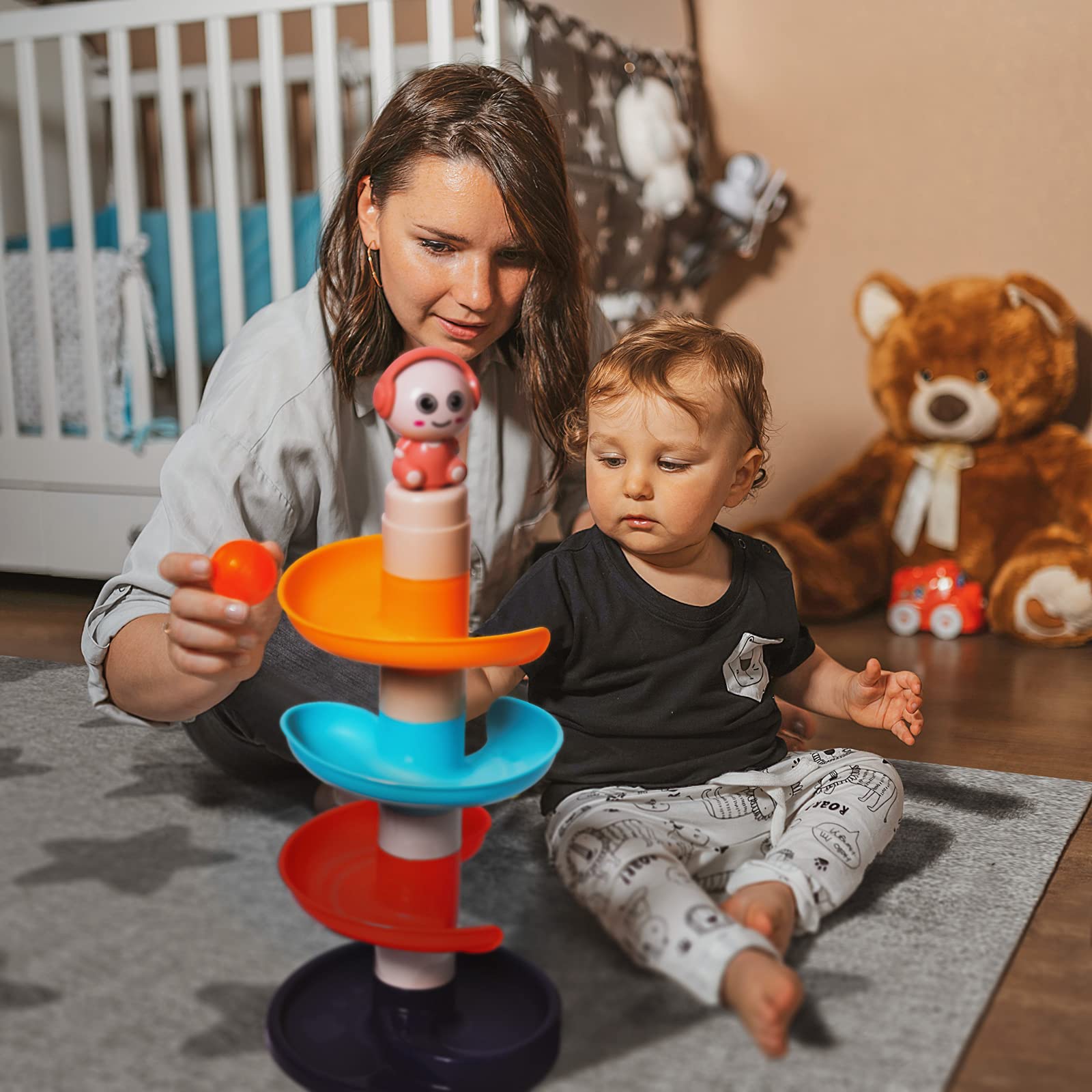 Juguetes de bolas para niños pequeños de 1 a 3 años, torre de bolas de 9 capas con 3 bolas, rampa de carreras de bolas para el desarrollo de aprendizaje del bebé, actividades 7
