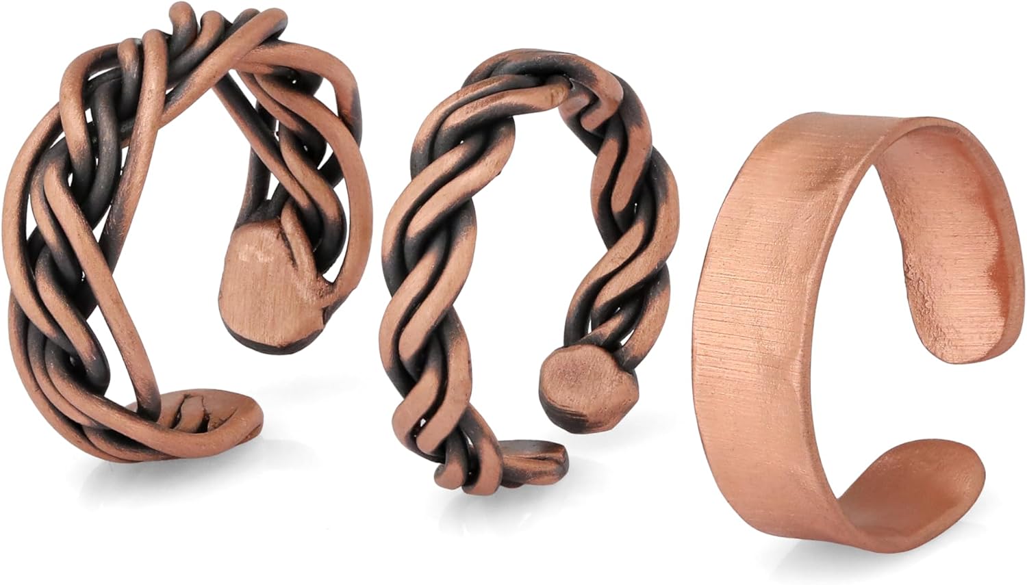 Handmade adjustable rings made of pure copper in a set of three-Elegant Design Pure Copper Rings(intricate-helix-hammered)