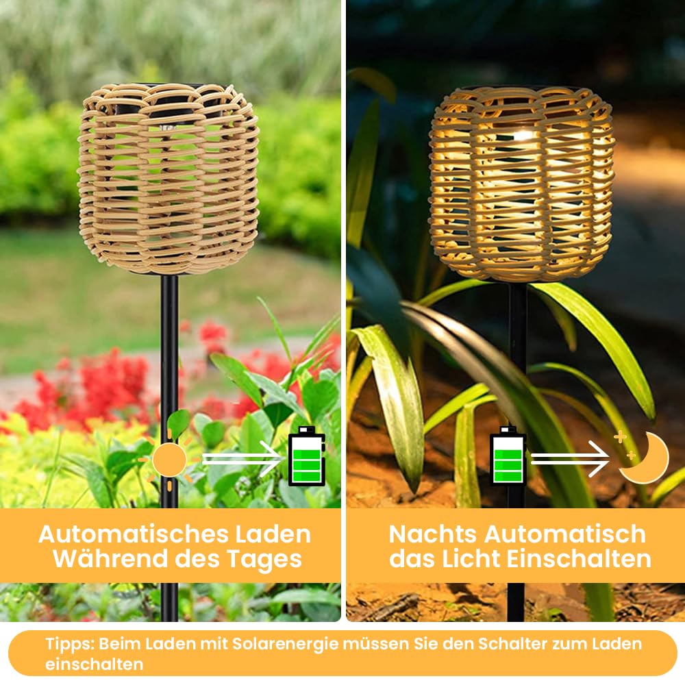 Rattan Solarleuchten für Außen, Solarstecker für Außen Garten, Solarlampen für Au-ßen Garten, Wasserdichtes Solar Gartenstecker, LED Gartenleuchten Solar für Rasen Terrasse Hof Patio Deko