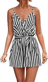 OULIWANGLUO Women Beach Shorts Romper Jumpsuit with Belt Sexy V-Neck Striped Lace-Up Jumpsuit Shorts Lace Up Cami Rompers
