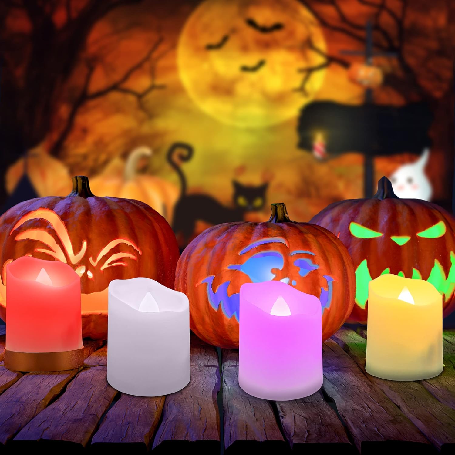 Daord Rechargeable LED Color Changing Tea Lights USB Flameless Warm White Flickering Votive Candles with Remote for Halloween Christmas Romantic Home Decor