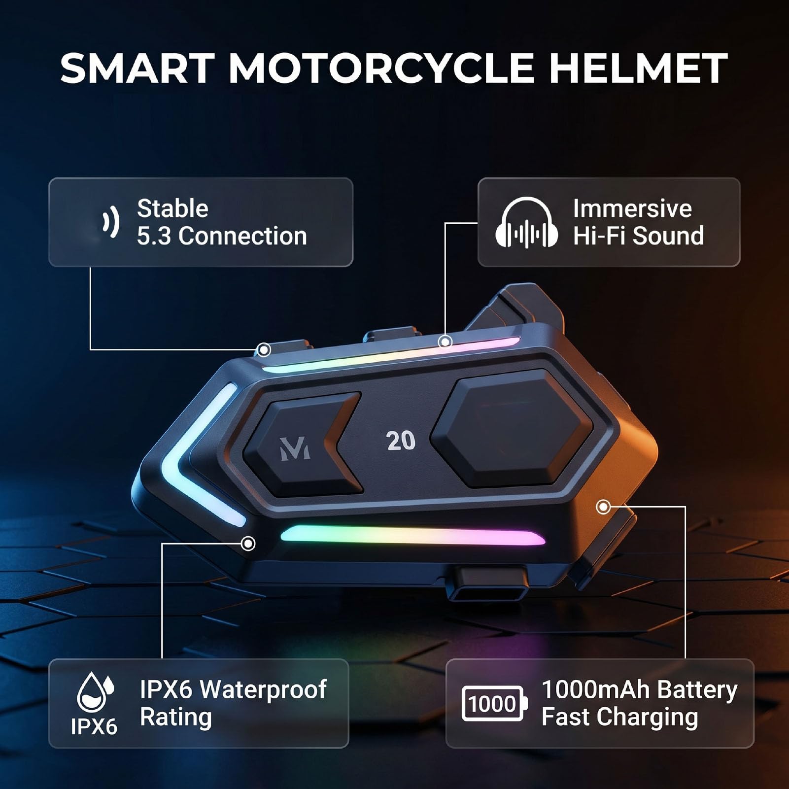 Jiawu Auricolare Bluetooth per Casco Bluetooth Avanzato 5.3 con Esperienza Sonora Coinvolgente per la Guida in Moto Resistente All'acqua IPX6