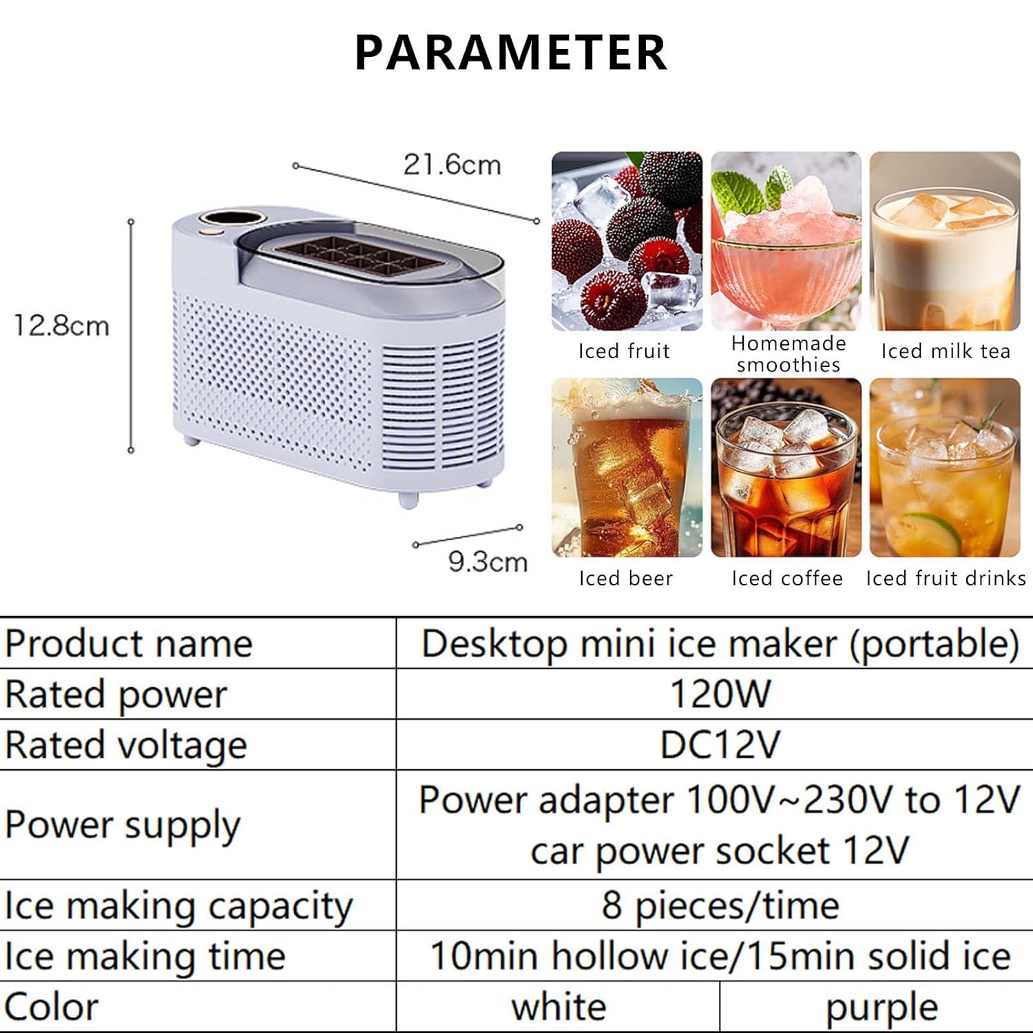 Countertop ice Machine with LED Screen, 8 ice Cubes per time, 10 Minutes to Make Hollow ice, 15 Minutes to Make Solid ice