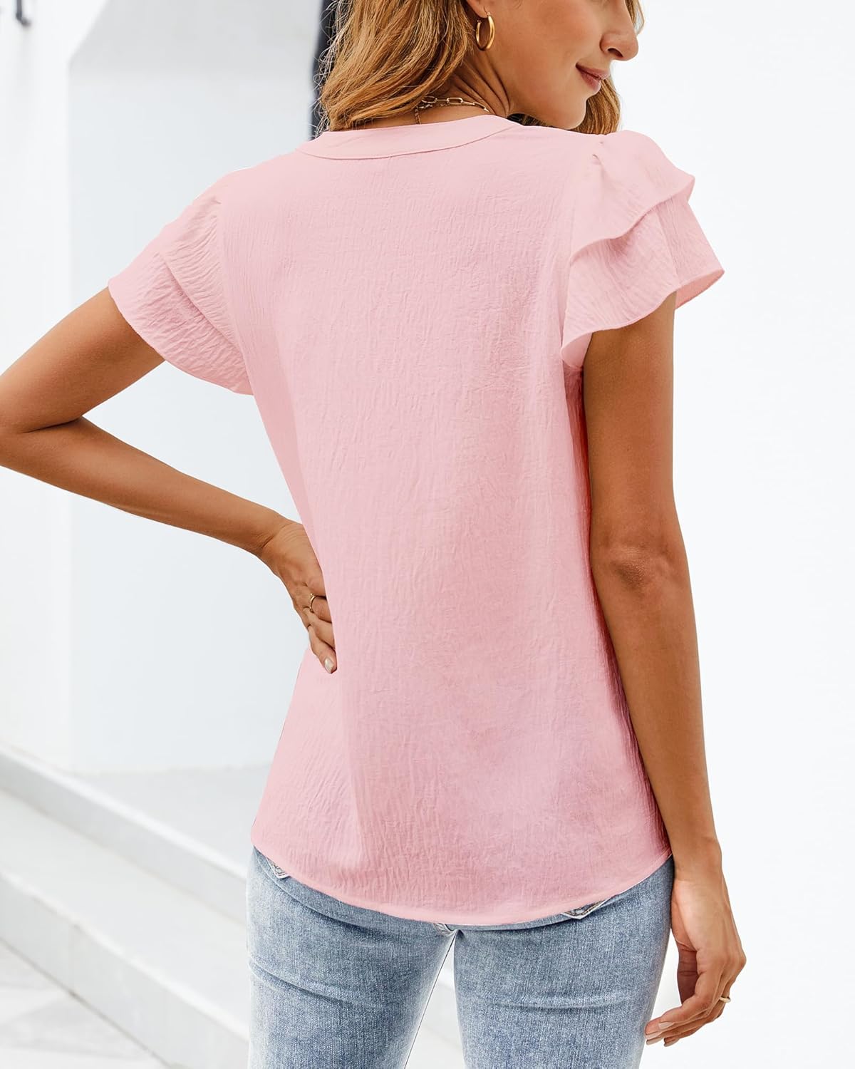 SimpleFun Womens Business Casual Tops Ruffle Short Sleeve V Neck Flowy Dressy Summer Blouses Shirts - Image 4