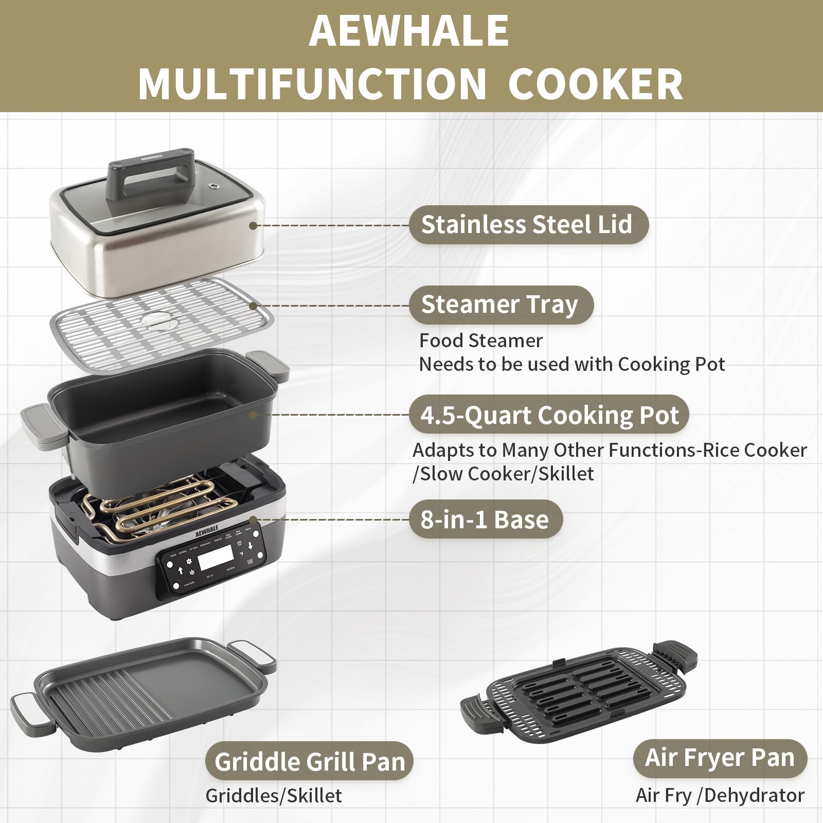 Multicocción programable 8 en 1 de 4.5 cuartos de galón con freidora de aire, olla de cocción lenta, vaporizador de alimentos, deshidrata y más, capacidad de tamaño familiar, gris 3