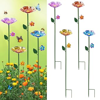 4 Pack Bee Watering Station, Bee Bath for Garden, Colorful Metal Bee Bird Butterfly Water Feeder Supplies for Outdoor Garden Yard Farm Decor Flower Design Blue, Yellow, Orange, Purple