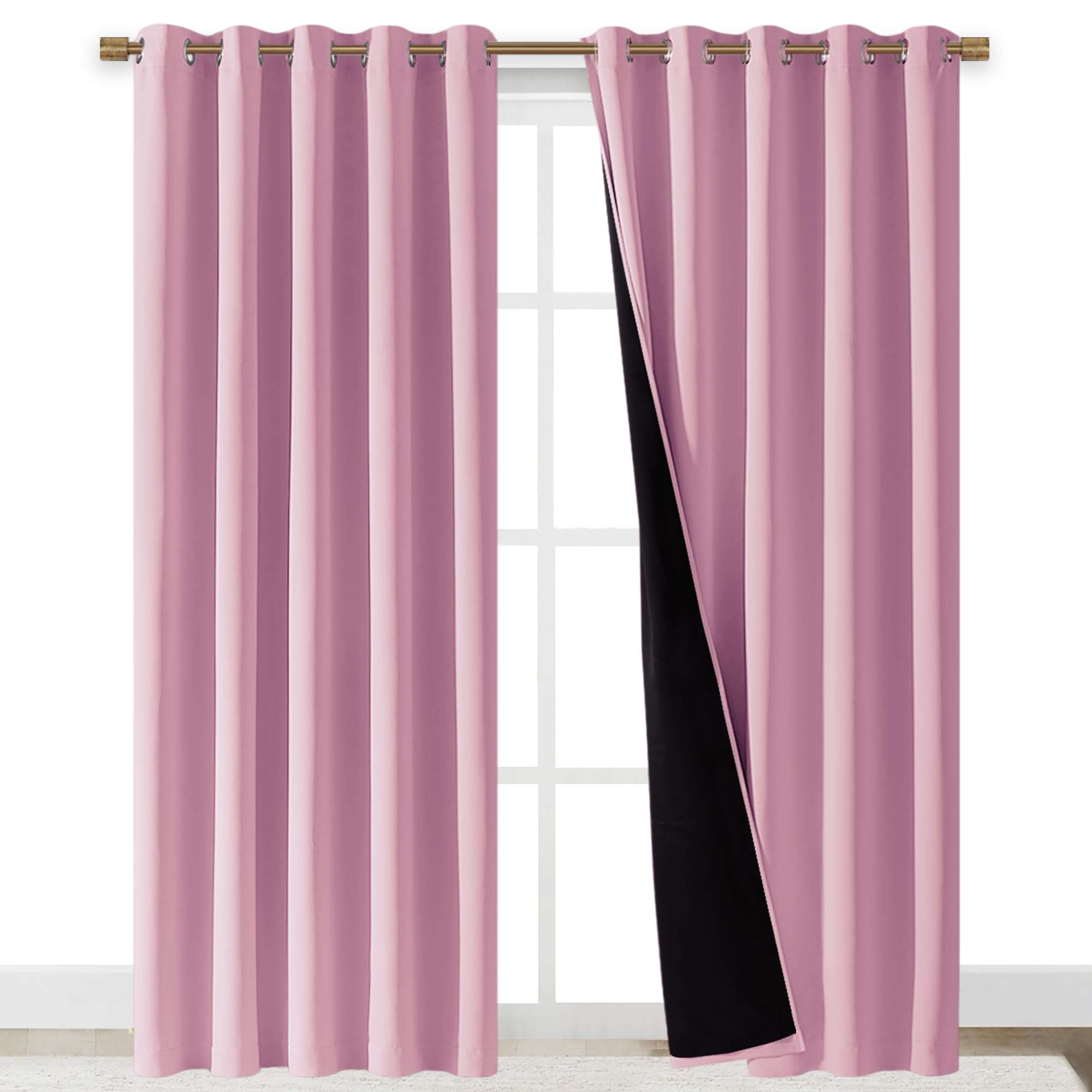 NICETOWN Total Shade Curtains and Draperies, Heavy-Duty Full Light Shading Drapes with Black Liner Backing for Villa/Hall/Dorm Window（Crystal Pink, Package of 2 Panels, 70 inches Wide x 95 inches Long