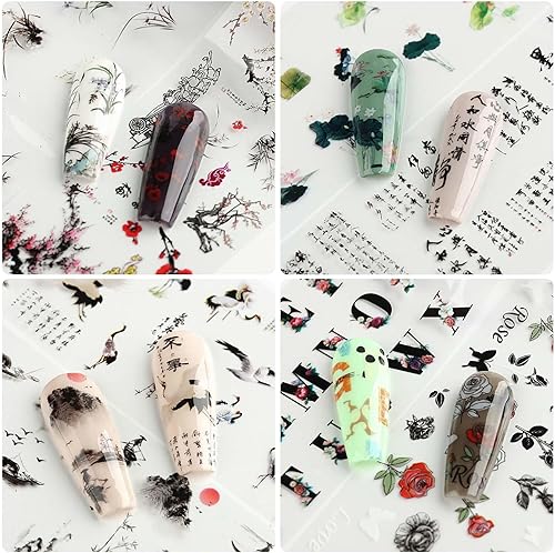 Miniatura 5 de 10 rollos de calcomanías de transferencia de papel de uñas de estilo chino tradicional, pintura de tinta, caracteres chinos, patrón de láminas de