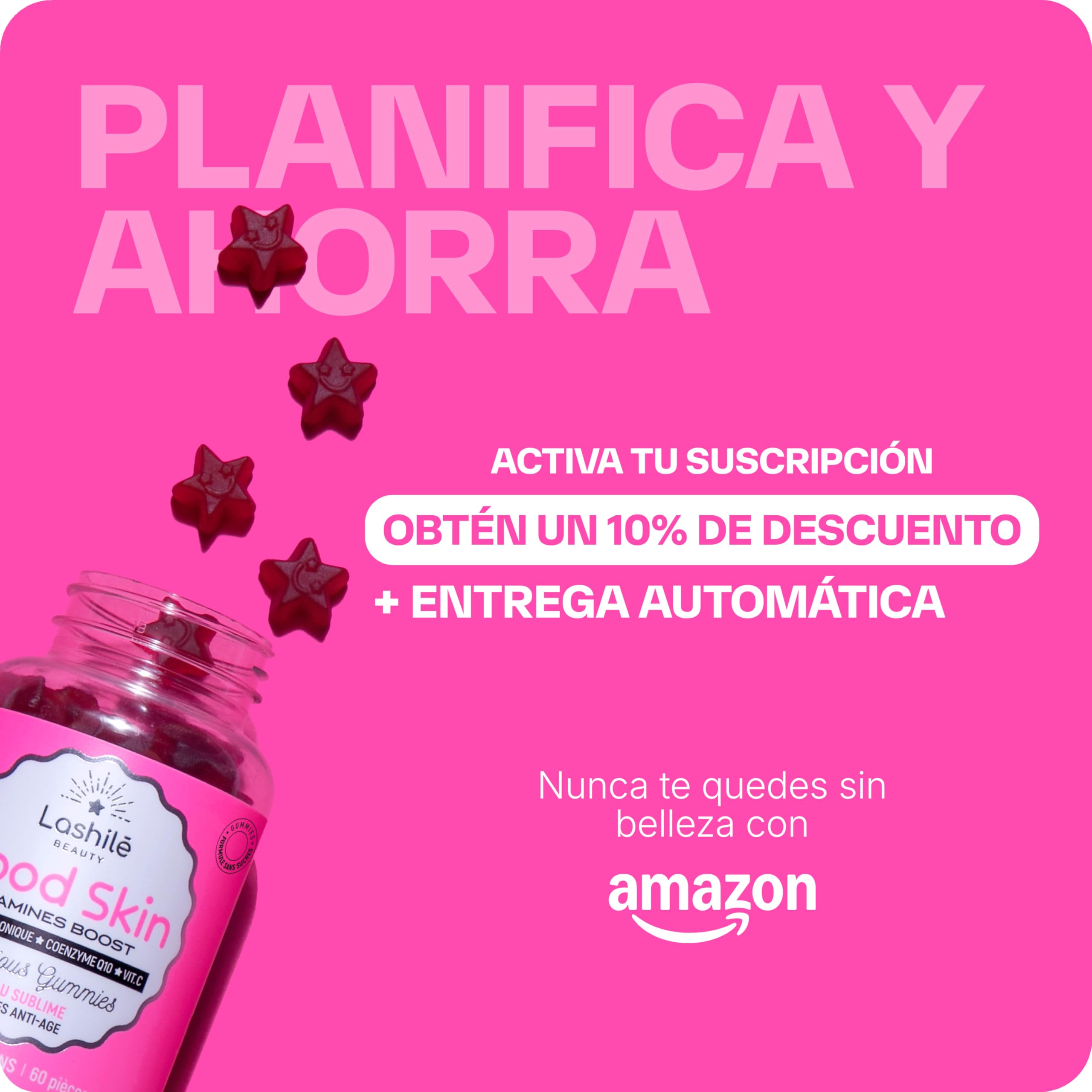 Lashilé Beauty - Complementos Alimenticios - Antiedad global, firmeza y luminosidad de la piel - Good Skin Vitamines - Ácido hialurónico, Q10, Vitaminas C y E - Fabricado en Francia - 120 Gummies
