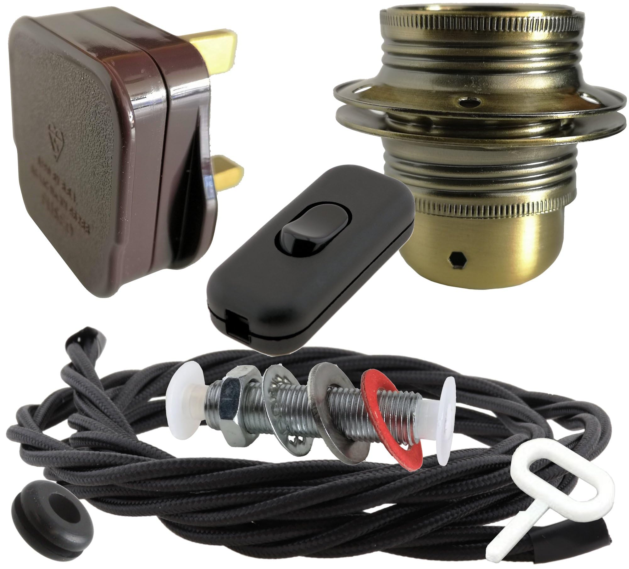 Art Deco Emporium Lamp Repair and Service Kit|Brown Plug|Black Flex|Black Switch|E27 Antique Brass Finish Lamp Holder Holder