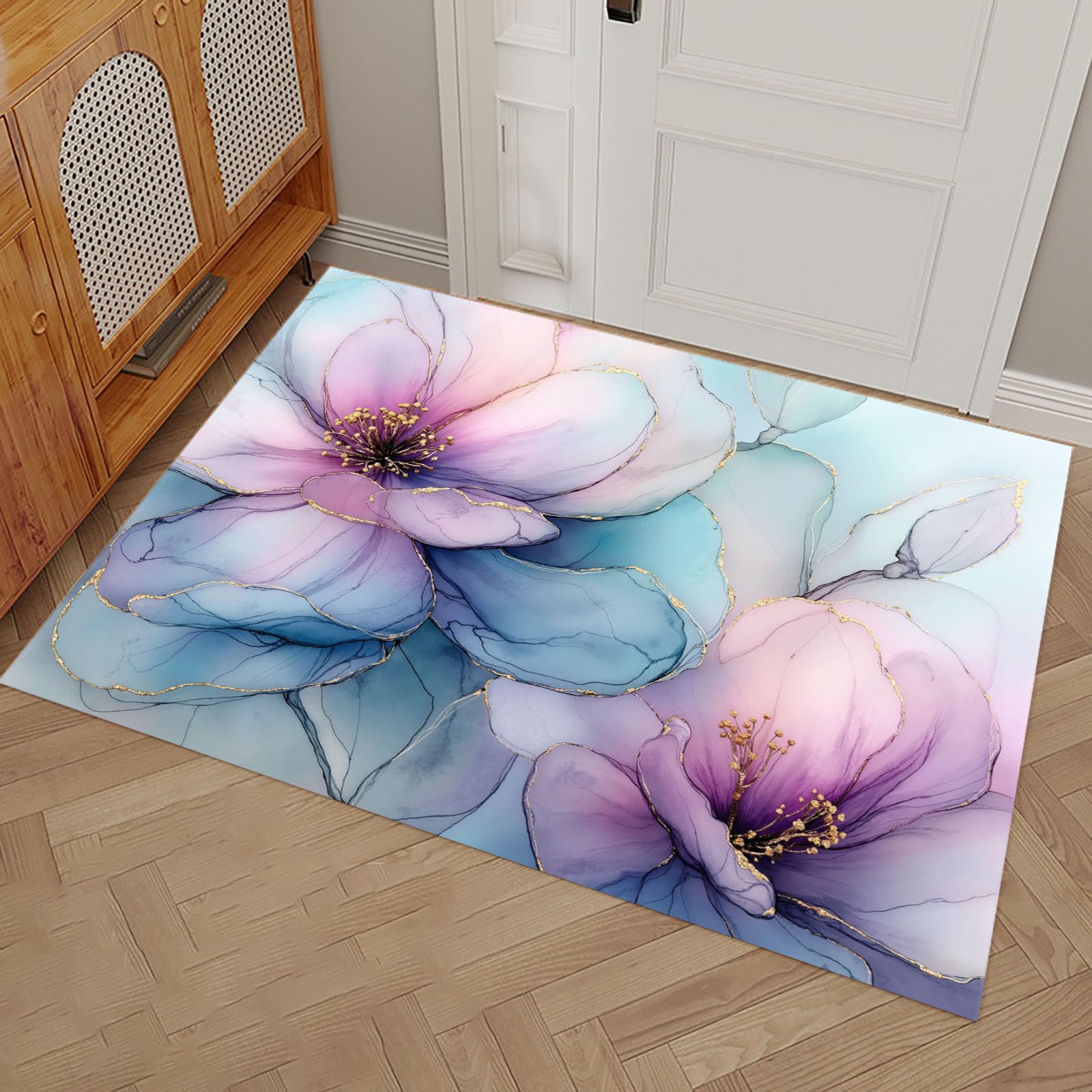Alfombra antideslizante y felpudo absorbente de 45 x 75 cm decorado con flores en acuarela azul