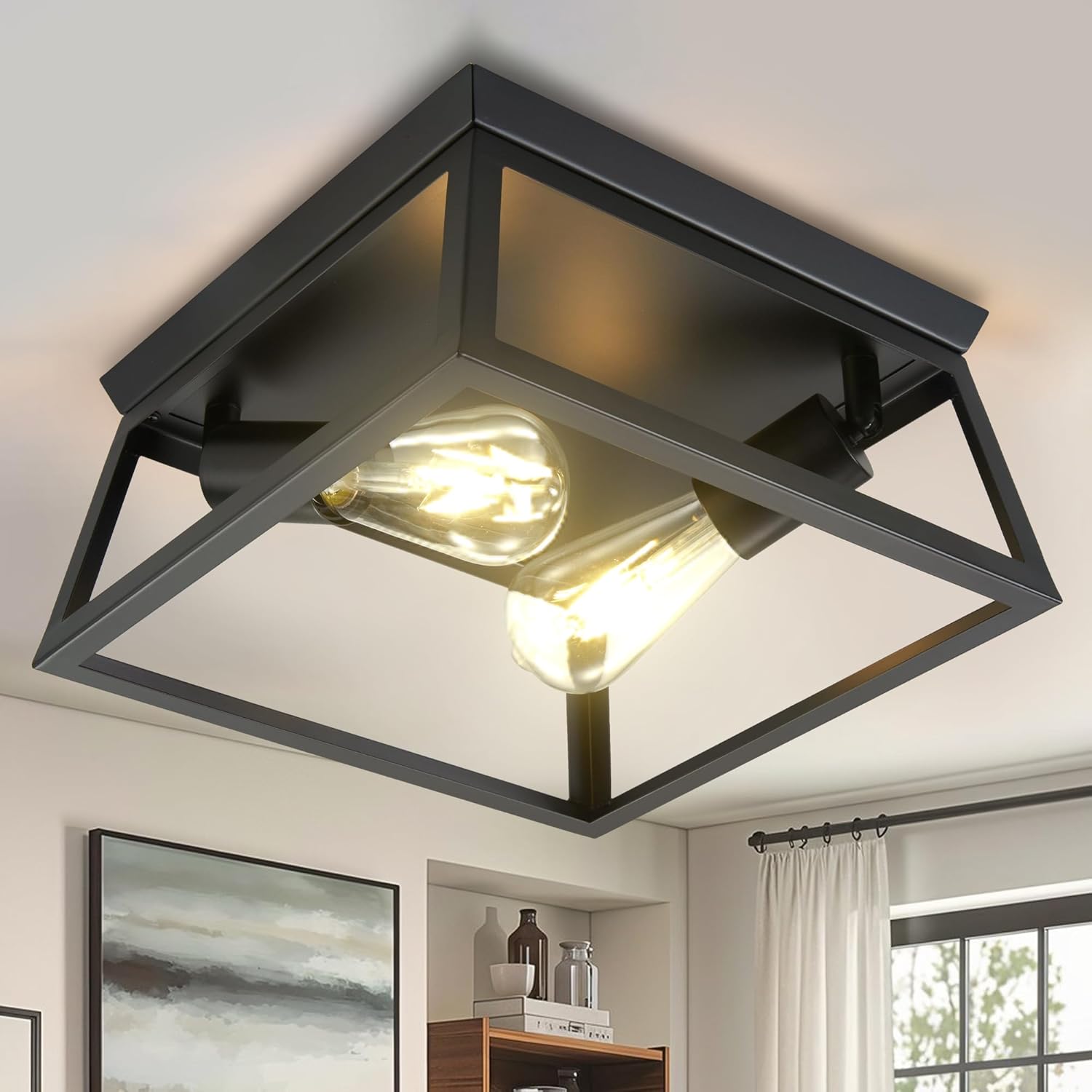 Hamilyeah Flush Mount Ceiling Light Fixture Black, 2 Light Close to Ceiling Light, Industrial Light Fixtures Ceiling Mount for Kitchen, Bedroom, Hallway, Bathroom, Outdoor