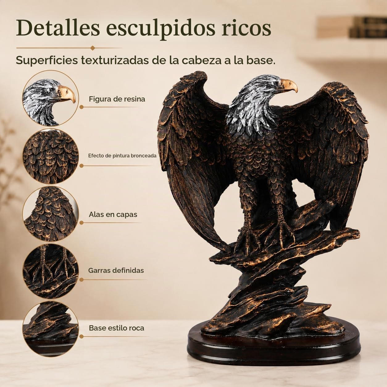 Escultura de águila de resina, estatua de águila dorada, estatua de águila de resina, estilo retro, detalles ricos, color bronce, base estable, patriótica
