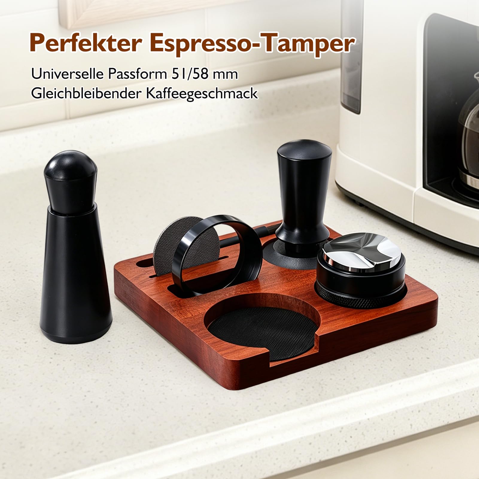 Espresso Tamper 58mm Set, 7-teiliges Barista Zubehör mit Tamper, WDT Tool, Distributor, Dosiertrichter, Puck Screen, Tamperstation und Reinigungsbürste