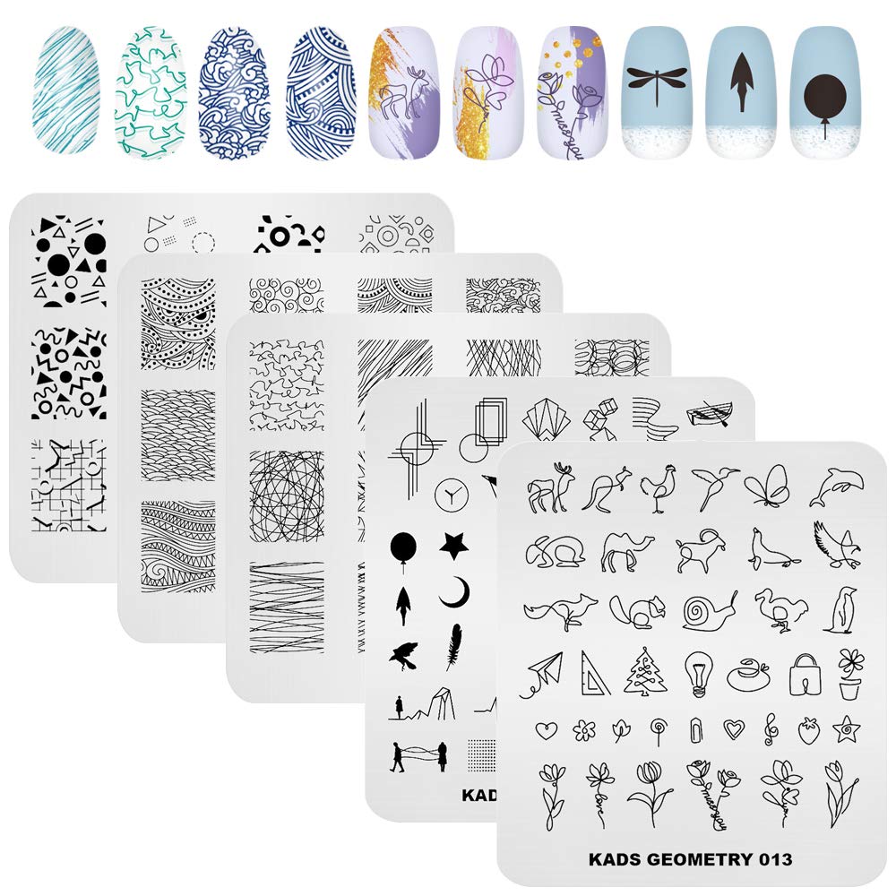 KADS 5pcs Nail Stamp Plates Set - Unique Irregular Geometry Pattern Nail Art Stamping Plates | steel nail stamping plates deep etched crisp lines, easy polish transfer for modern salon & DIY minimalist manicure nail art-image-1