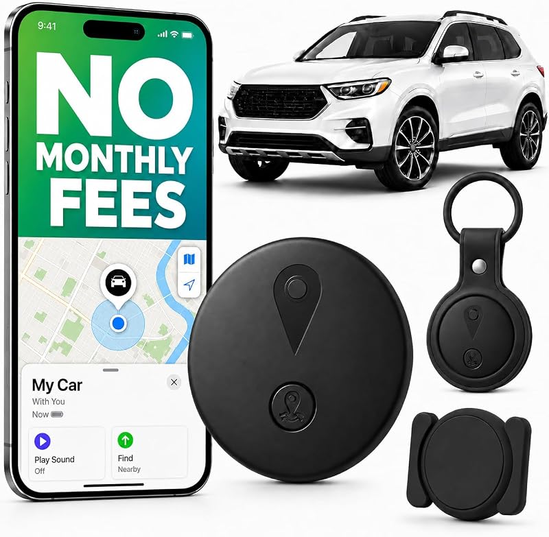 Rastreador GPS para Vehículos, Mini Localizador Magnético Oculto para Autos con Seguimiento en Tiempo Real, Funciona con Apple Find My, Sin Tarifa Mensual ni Tarjeta SIM, IP67 a Prueba de Agua, Batería de 365 Días, Solo iOS, Negro | Rastreador GPS para Vehículos