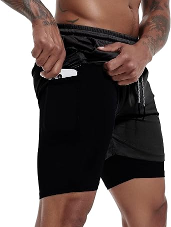 GYMELITE Mens 2 in 1 Workout Running Shorts 7" Gym Yoga Active Sports Shorts Lightweight Training with Phone Pockets