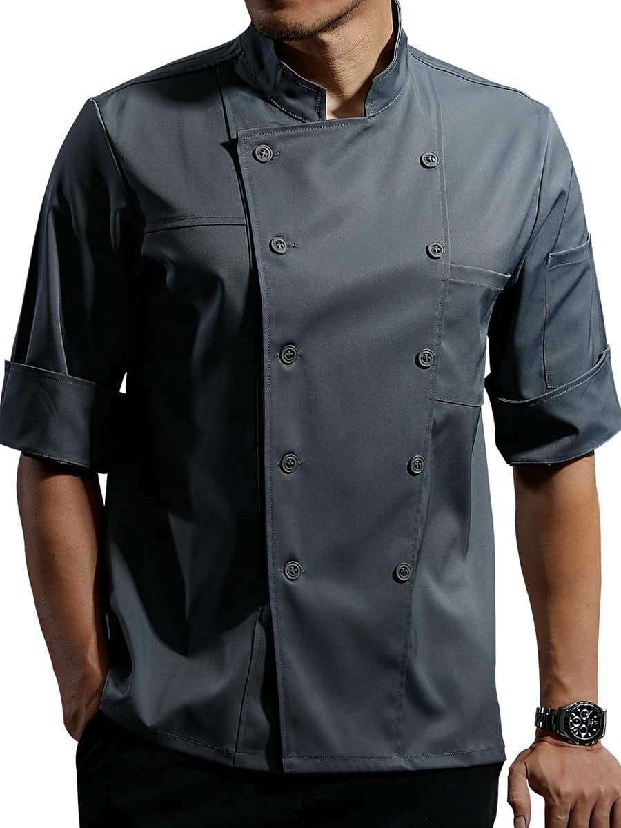 Abrigo de chef KITCHIEF Chaqueta de chef ligera y elástica Abrigo de chef negro suave Uniforme de chef de media manga para cocina,restaurante