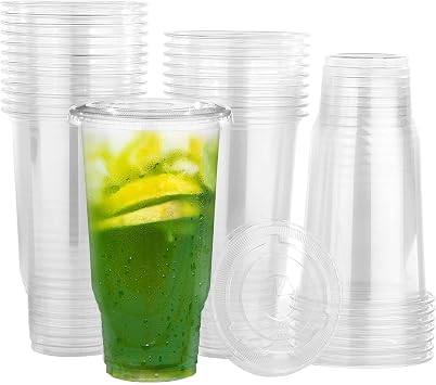 30 Pack 32 oz Clear Plastic Cups with Lids, Oversized Disposable Clear Cups, Flat Cover Pluggable Straw for Smoothie, Iced Coffee,Milkshake & Any Cold Drink