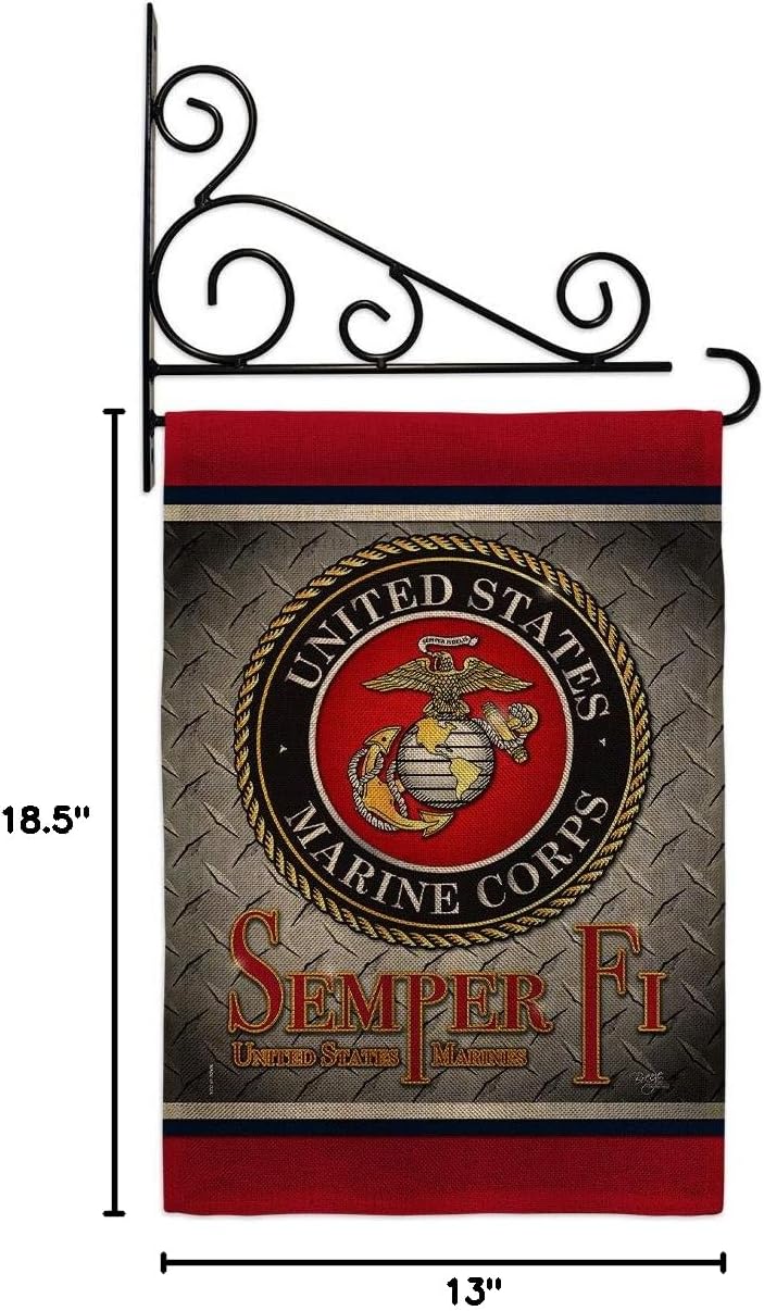 Semper Fi US Marine Burlap Garden Flag Set Wall Holder Armed Forces USMC United State American Military Veteran Retire Official Small Gift Yard House Banner Double-Sided Made In USA 13 X 18.5