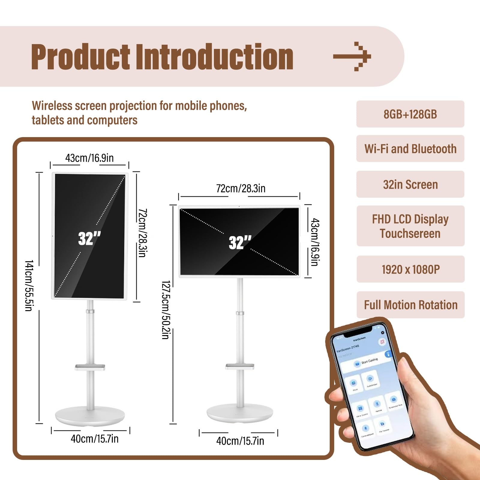 TV Portable pour Extérieur 32 Pouces, TV sur roulettes, Android Smart Screen, Portable Display with Battery, pour Visioconférence Et Présentations
