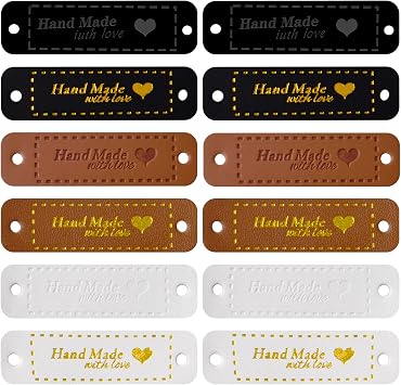 60 Pieces Handmade with Love Heart Leather Tags Labels Hand Made Embossed Tag with Holes Embellishments Knit Accessories for DIY Craft Sewing Clothing Knitting Hats, 6 Colors