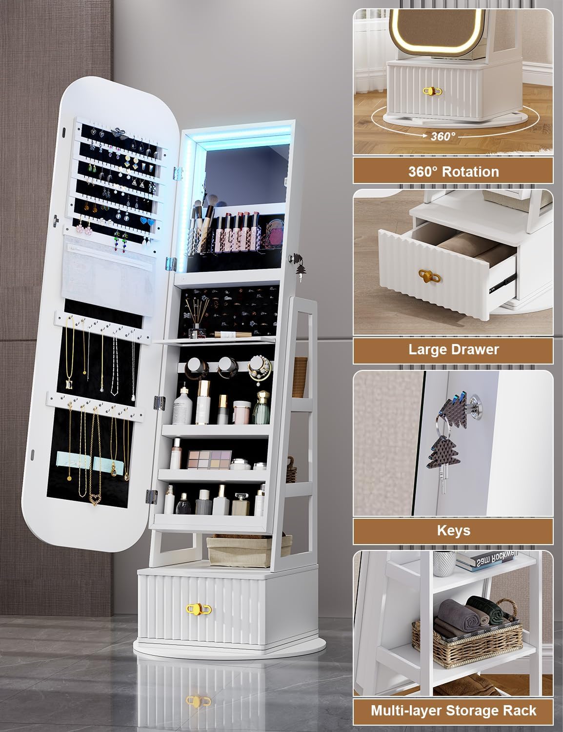 360° Swivel Jewelry Cabinet with Lights - RGB Vanity Mirror | Rotatable Full Length Mirror with Jewelry Storage, Standing Jewelry Armoire Organizer, Foldable Makeup Shelf, White (White 052) - Image 4