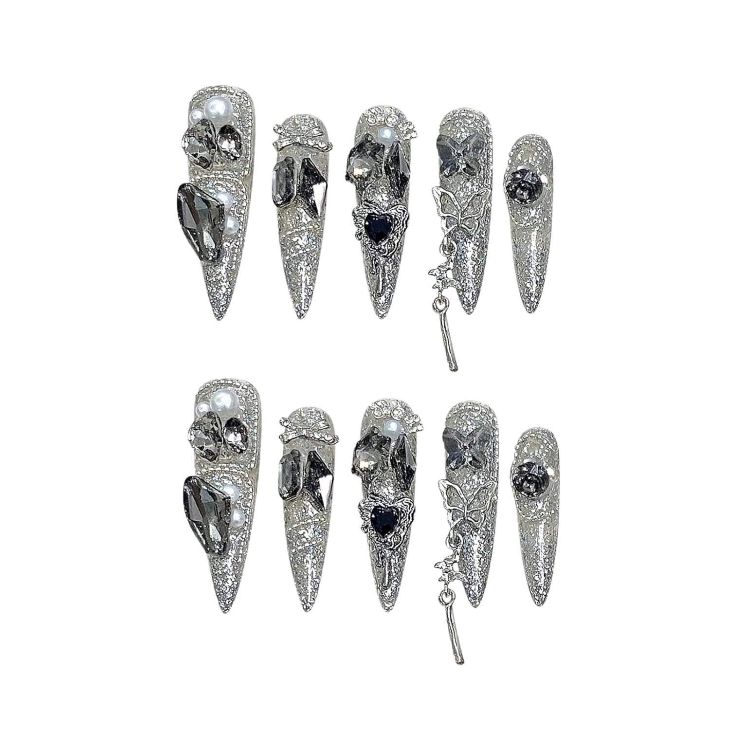 Handmade Press On Nails Long Pointed Fake Nail Tips With Super Glitter Bride False Nail Patches(XS)