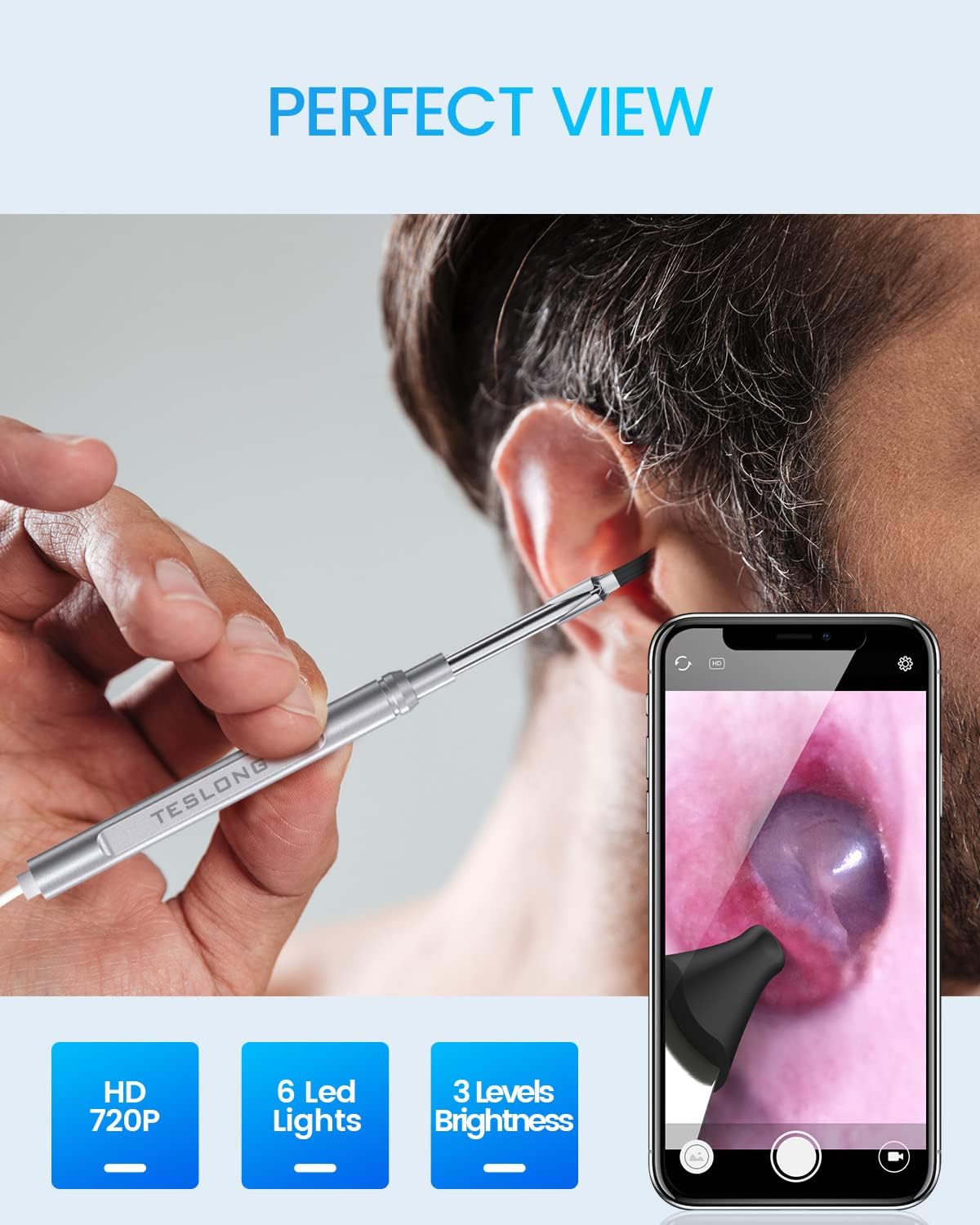 Teslong Digital Otoscope with Ear Wax Remover, Teslong Ear Camera with Ear Wax Removal Tools, Video Ear Scope Otoscope with Light for iPhone, iPad, Android Phone, USB, Ear Picks, 1080p HD