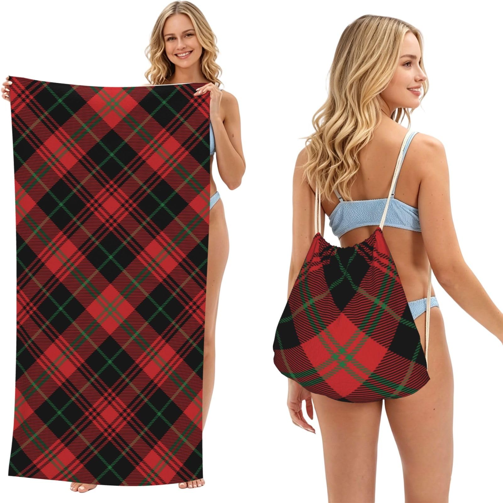 Poadnly As Picture Diagonal Plaid Scottish, 2 In 1 Packable Towel Bag, Beach Towels With Drawstring Backpack For Travel Holiday Camping