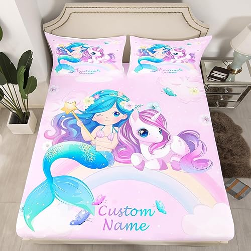 Erosebridal Lindas sábanas de sirena para niñas y niños, sábana bajera personalizada de unicornio, tamaño individual, sábanas Kawaii de arcoíris,