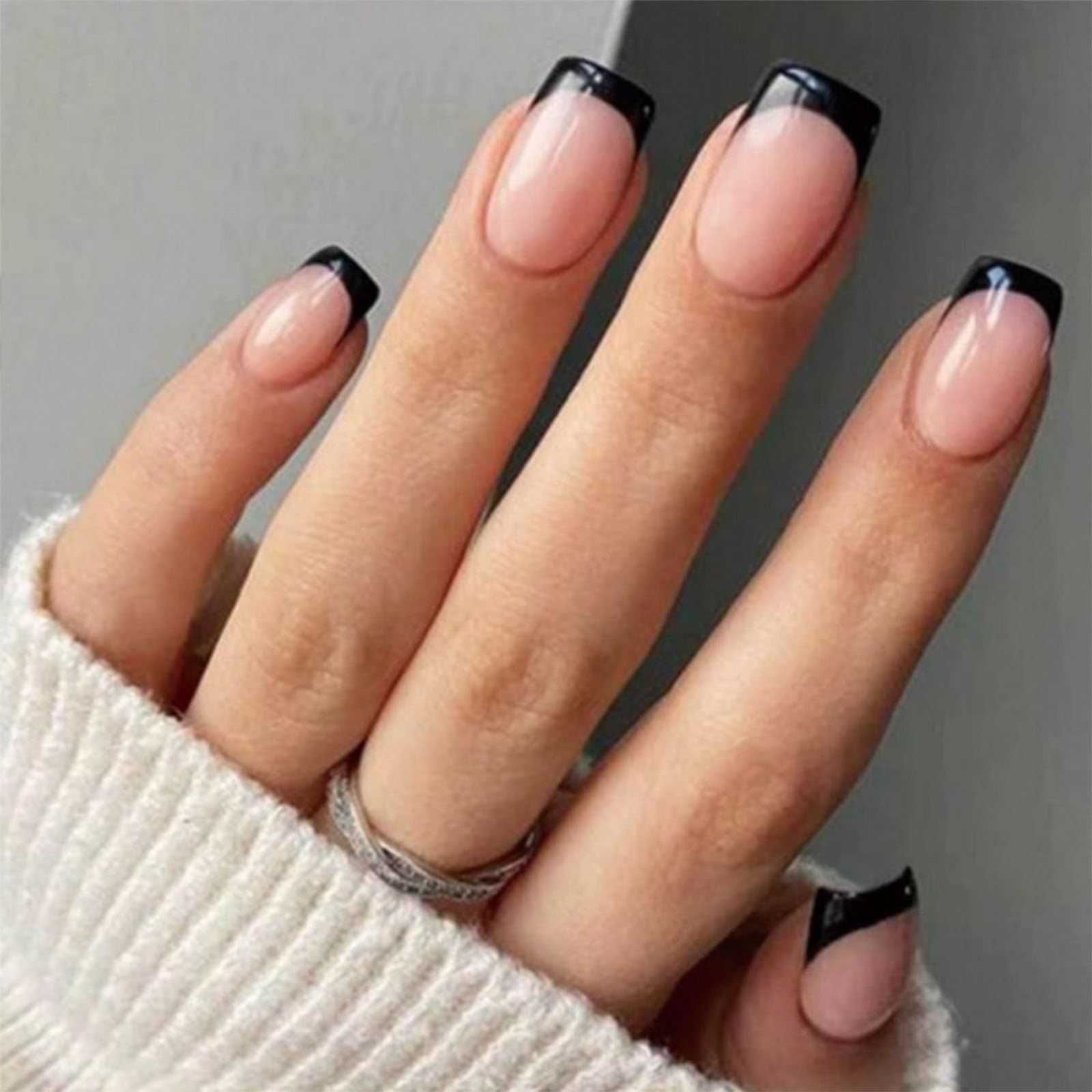 Black French Tip Press on Nails Square Fall Nude Short Medium Fake Nails Acrylic with Designs Nails Press ons Glue on Nails for Women Daily Wear 24 Pcs
