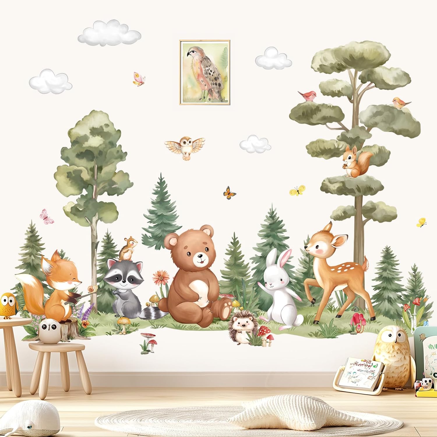 decalmile Woodland Animals Tree Branch Wall Decals Forest Animals Bear Deer Fox Wall Stickers Living Room Baby Nursery Kids Room Wall Decor