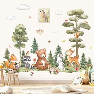 decalmile Large Woodland Animals Pine Tree Wall Decals Forest Animals ...