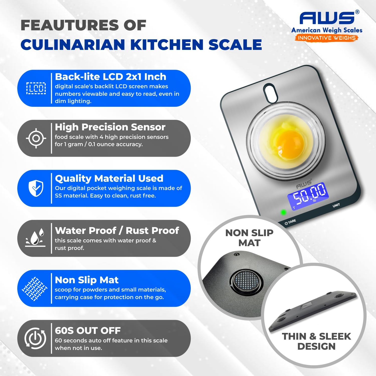 AWS Culinarian Digital Kitchen Cooking Baking Food Scale 22lb x 0.1oz | Stainless Steel with Tare, Touch Buttons, Water-Resistant Surface | Milk/Water mL Mode, Thin Design & Backlit Display