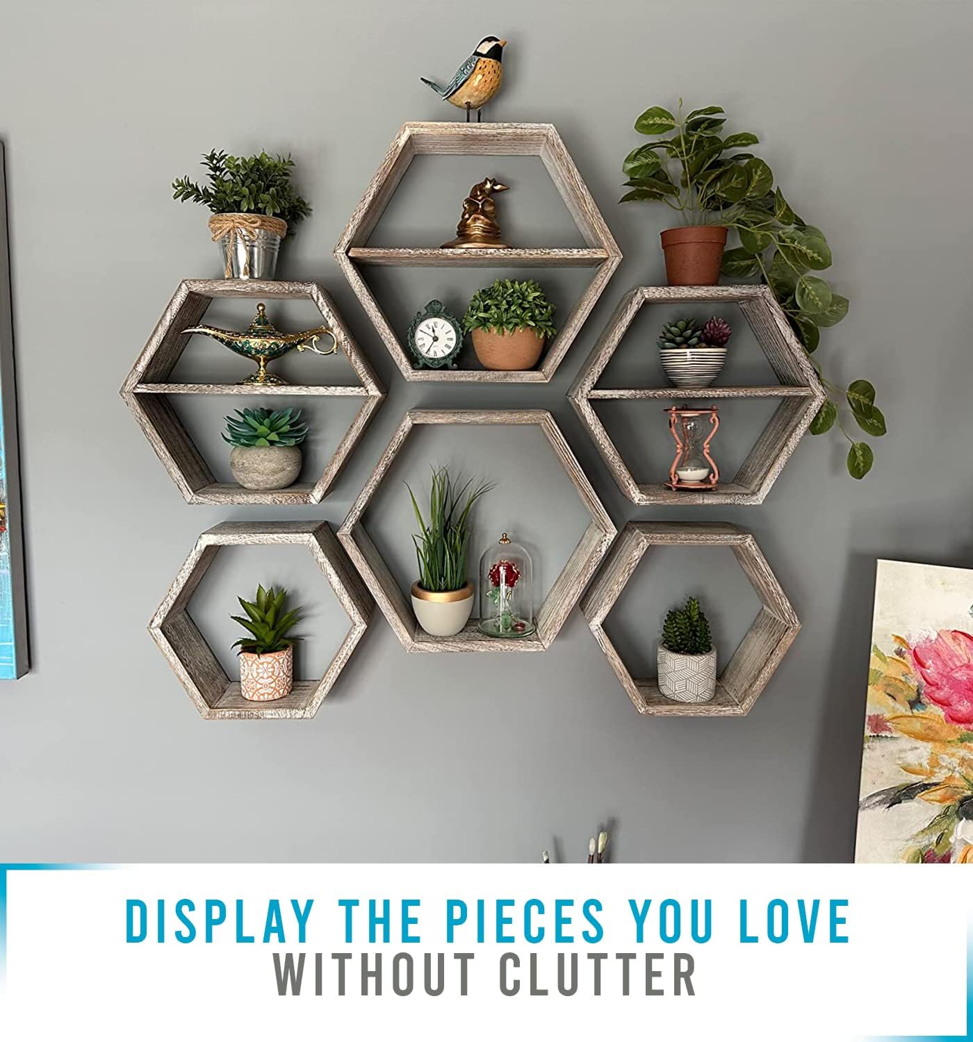 Comfify Rustic Wall Mounted Hexagonal Floating Shelves – Set of 3 Honeycomb Shelves - Farmhouse Decor – Honeycomb Wall Decor - Rustic White