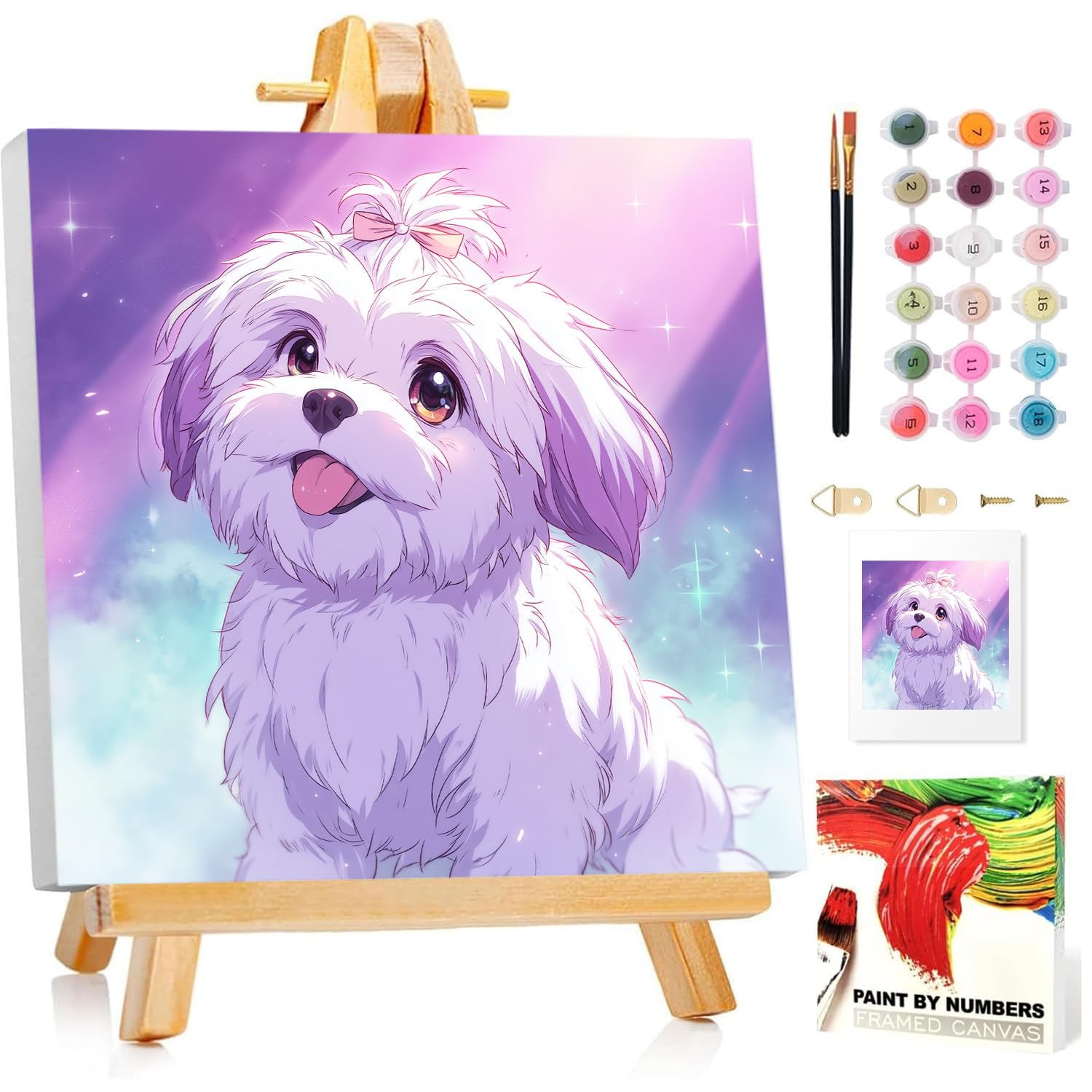 Malen Nach Zahlen Kinder mit Rahmen, Hund Malen nach zahlen kinder ab 5 6 7 8 9 10 Jahre, Malset mit Rahmen, Pinsel und Acrylfarben, Geschenk für Mädchen und Jungen, mit Glitzer 20x20cm