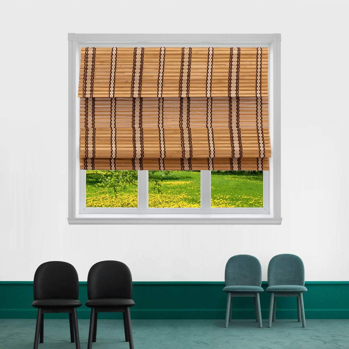 TJ GlobalCordless Flatstick Bamboo Roman Window Blind Sun Shade, Light Filtering Shades with 7-Inch Valance - Natural Bamboo (40" x 64")
