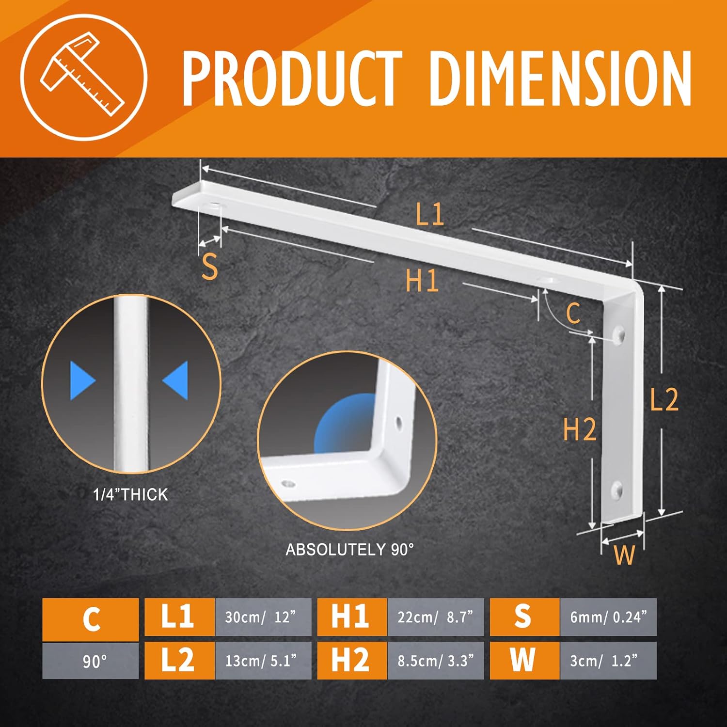 CLT White Shelf Bracket, 12” X 5” Quarter Inch (1/4") Thick- Max Load: 440 lb Rustic Industrial Modern Farmhouse Heavy Duty Cold Rolled Steel Bracket for Table Bench, Space Saving DIY, Pack of 4