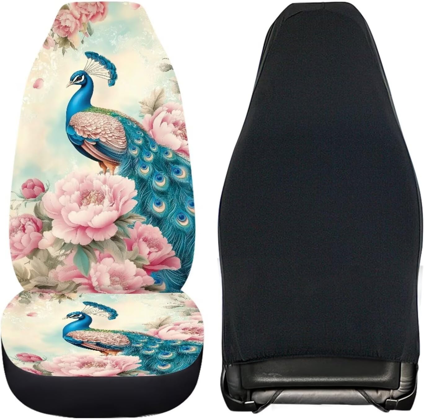 Peacock Peony Flower Print Universal Car Seat Covers Full Set of 2, Non-Fading Auto Front Bucket Seats Protector Washable Bucket Seat Cover Fit for SUV, Van, Truck, Sedan