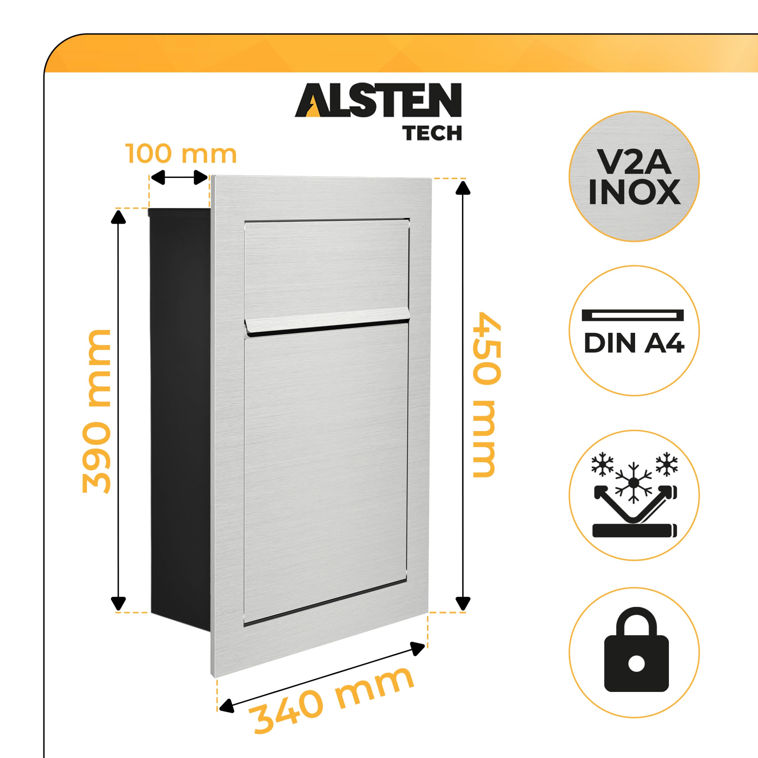Buzón empotrado de acero inoxidable INOX, empotrable a ras, resistente a la intemperie, montaje en pared con cerradura, placa de identificación, DIN A4, adecuado para sobres DIN A4