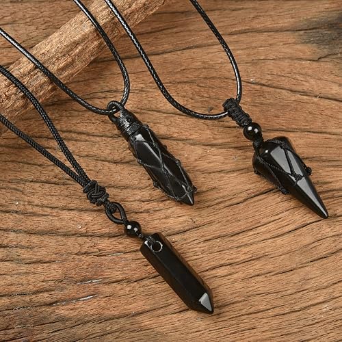 Miniatura 3 de Tegembur Juego de 3 collares de cristal curativo para hombres y mujeres amatista natural obsidiana negra con dije de piedra hexagonal cuerda