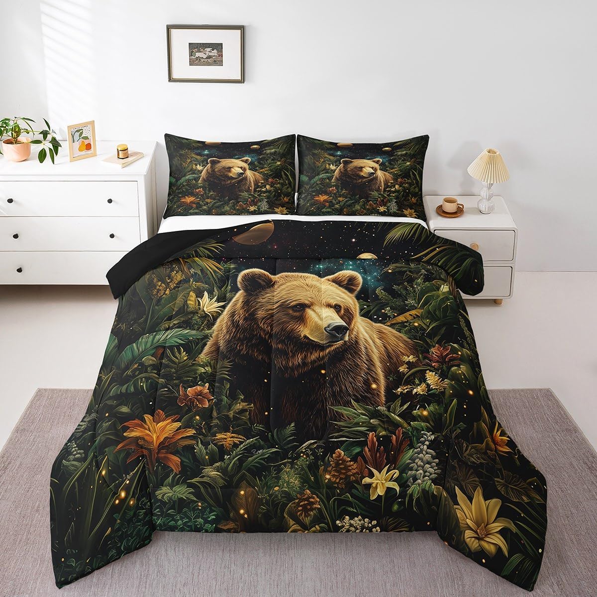 Manfei Wild Bear Kids Queen Comforter Sets,Vintage Animals Jungle Plants Bedding Set for Boys Teens Children,Mystery Galaxy Sky 3 Pieces Quilt Sets,Wild Leaves Flowers Duvet Insert,2 Pillow Cases