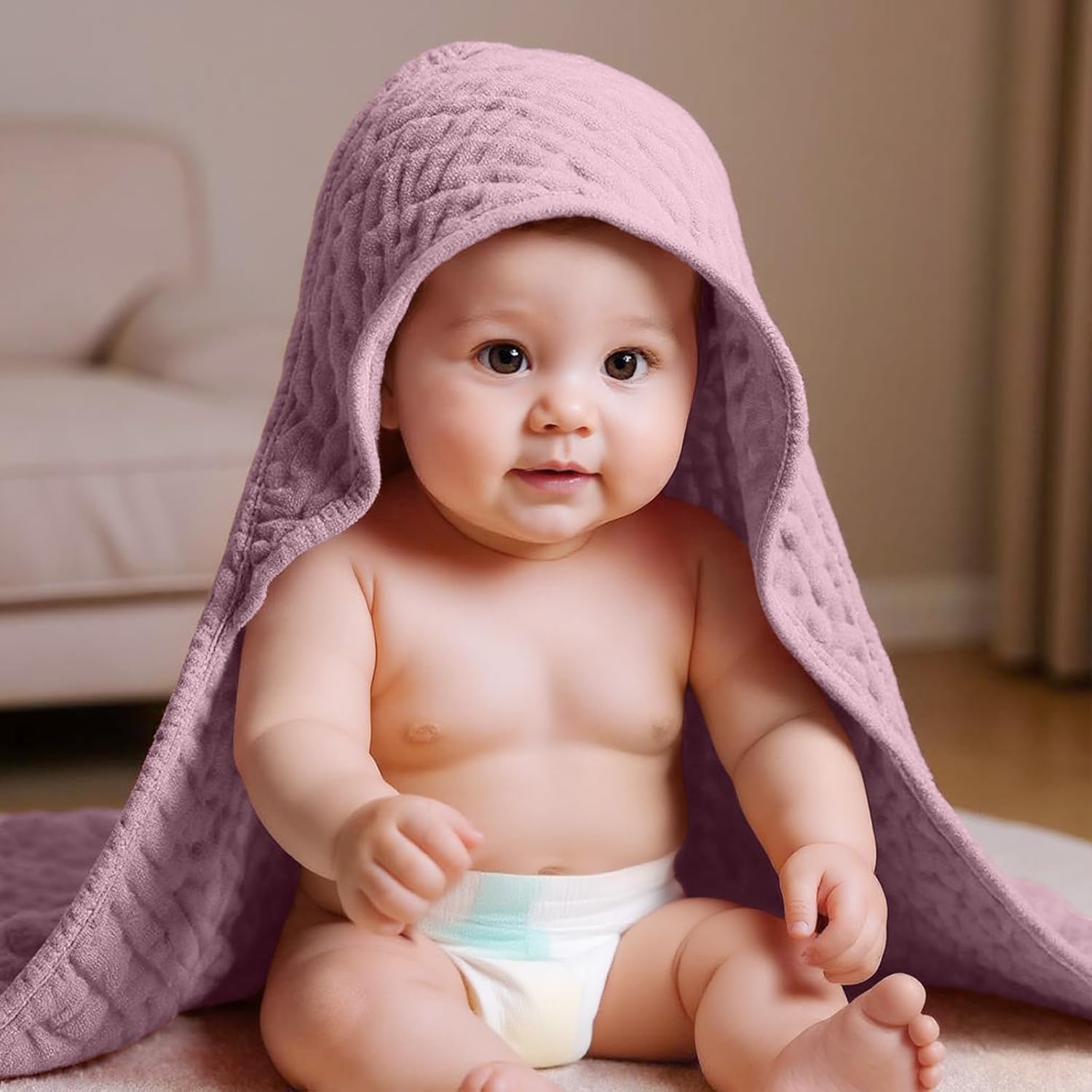 VitalCozy 6 Pcs Baby Muslin Hooded Bath Towels and Washcloths, Muslin Hooded Baby Towels Absorbent Blankets for Gift Newborn Infant Shower (Mauve,Peach Pink)