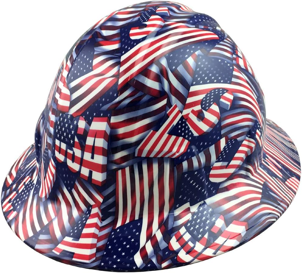 Hydrographic Full Brim Hard Hats with 6 Point Suspension - Don't Tread On Me USA Flag Yellow