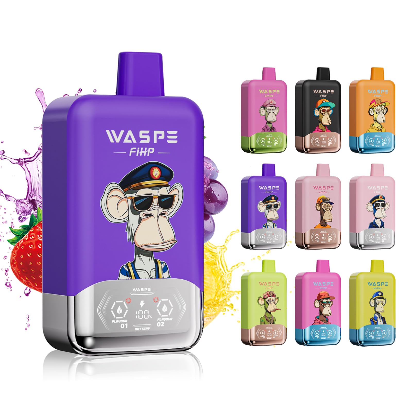 【40000回】電子タバコ 使い捨て Waspe 40000回吸引可能 ダブルフレーバー シーシャ 持ち運び vape ベイプ 爆煙 LEDディスプレイ 650mAhバッテリー Type-C充電 ベイプエンジン 禁煙パイポ ニコチンなし タール無し (グレープアイス & ストロベリーキウイ)